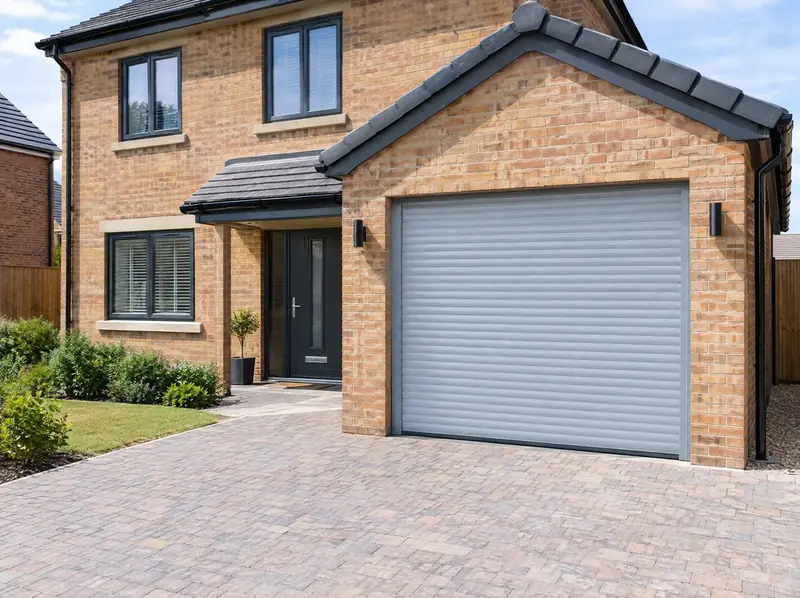 Light grey aluminium roller garage door on a modern brick house with a block-paved drive