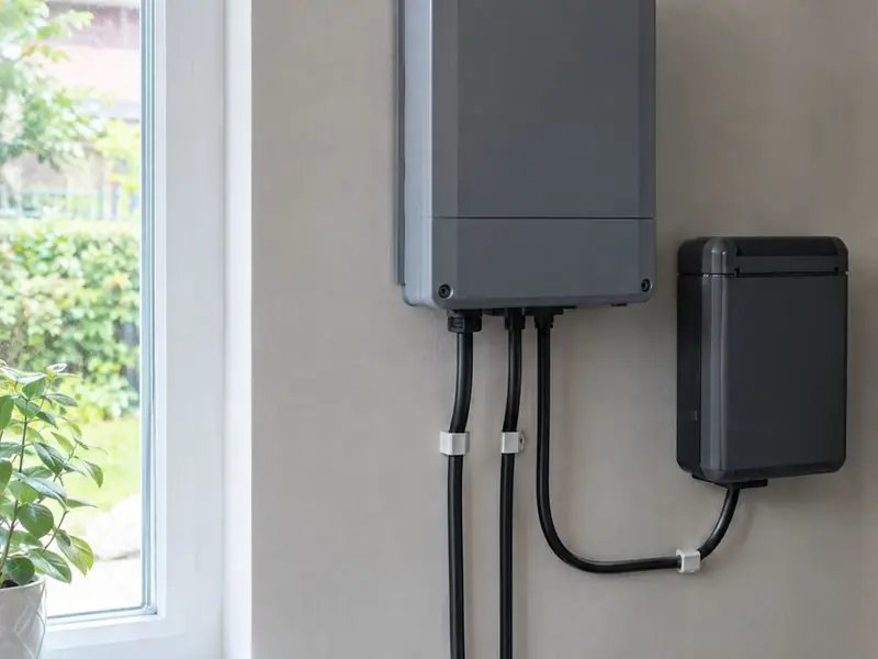Roller door control box and battery backup unit mounted on a garage wall