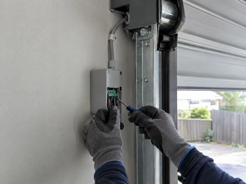 Gloved hands wiring a control unit beside a roller door guide rail