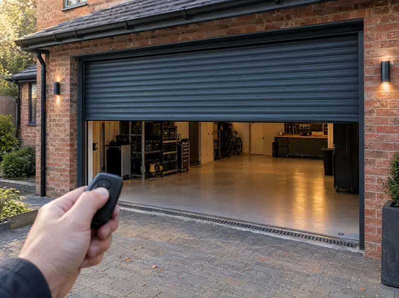 Anthracite electric roller garage door rolling up as a remote fob is pressed on the driveway