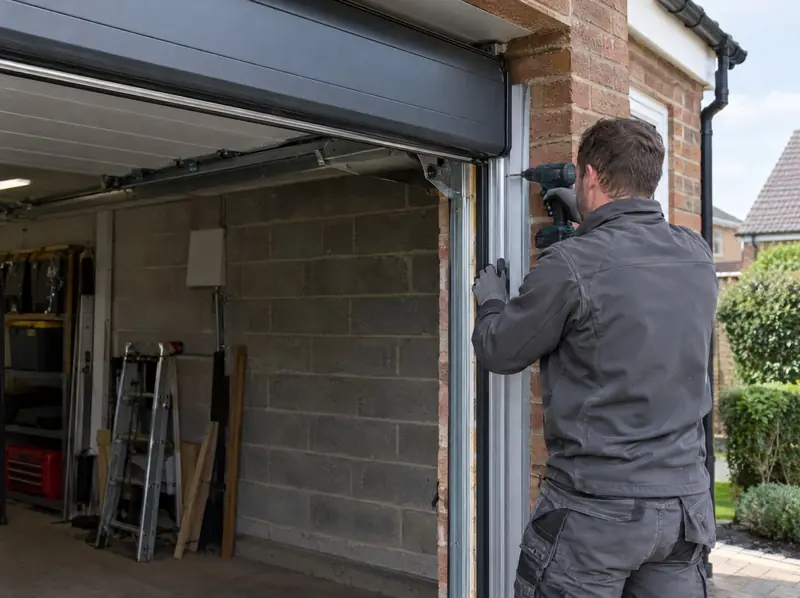 Installer drilling to fix a roller door guide rail to a brick reveal