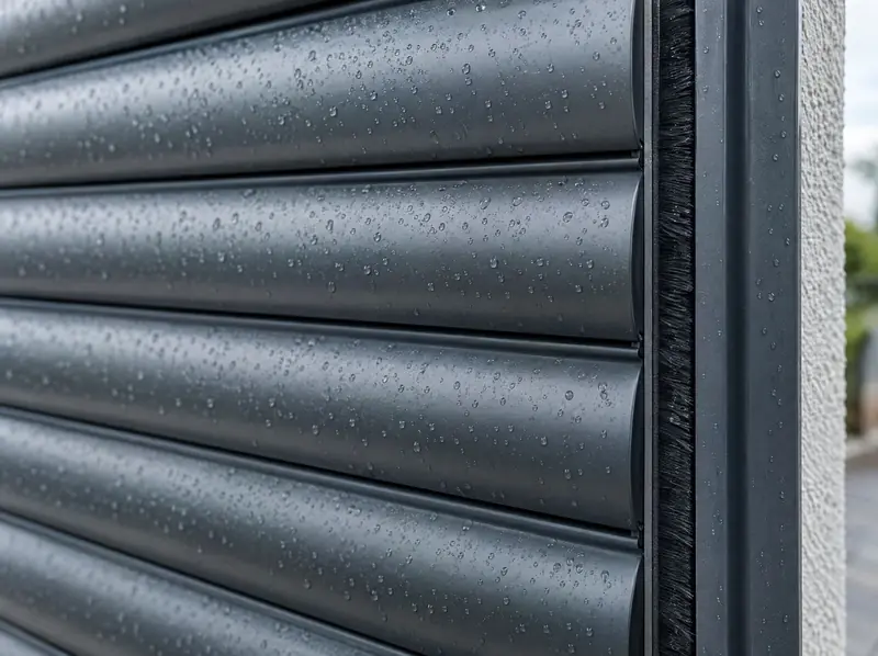 Close-up of rain-beaded insulated anthracite roller door laths beside the guide rail and brush seal