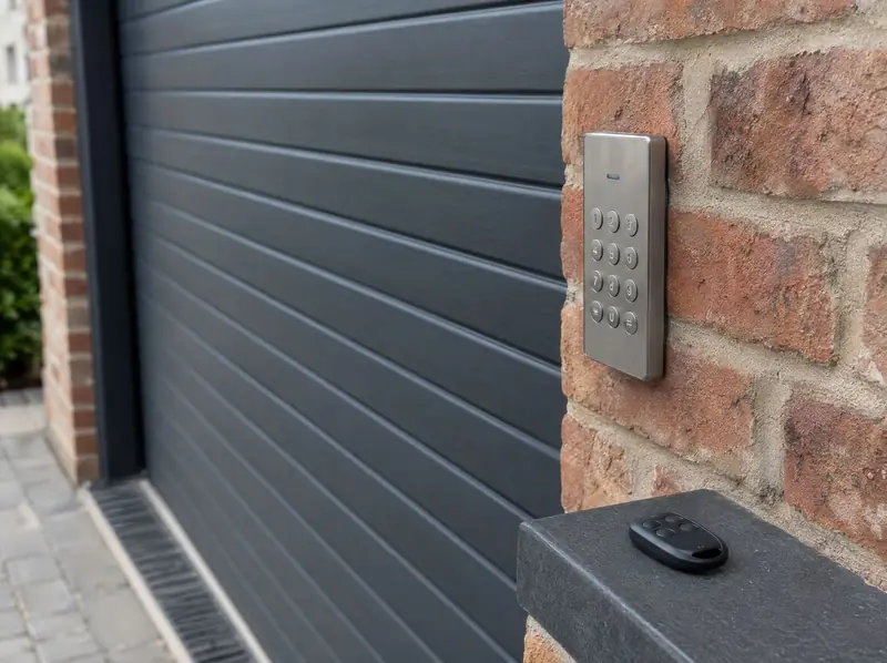 Stainless steel wireless keypad on a brick pier beside an anthracite roller garage door