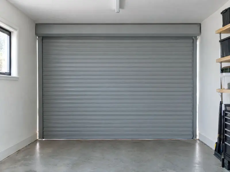 Inside a garage, a compact roller box fitted tight under the ceiling above a grey roller door