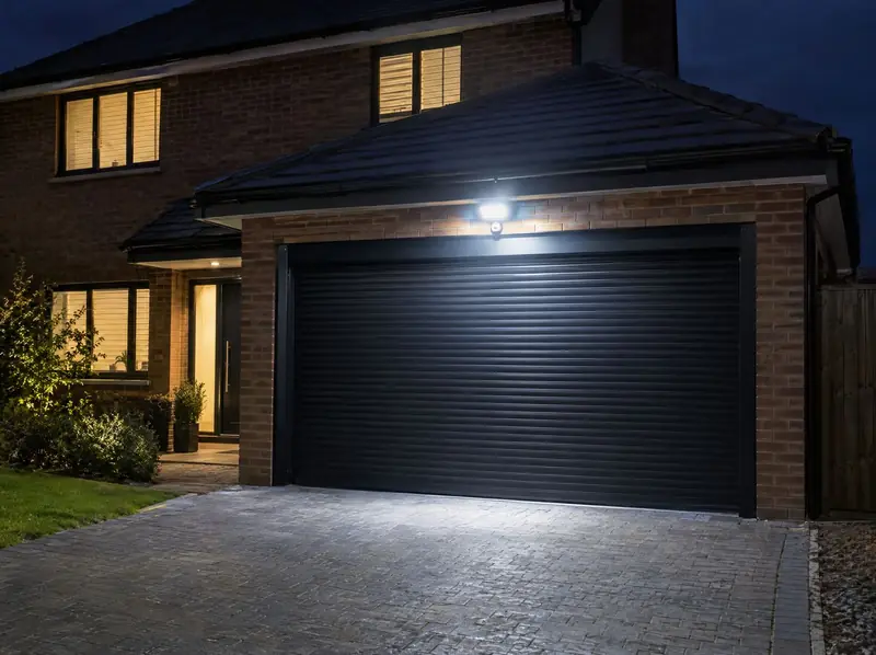 Black roller garage door on an integral garage at night under a bright security light