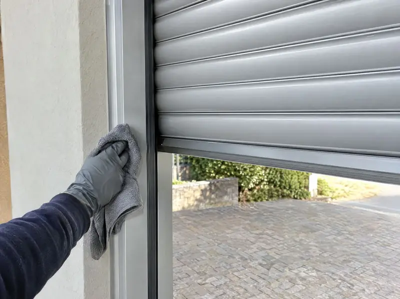 Gloved hand wiping clean the guide rail of a roller garage door