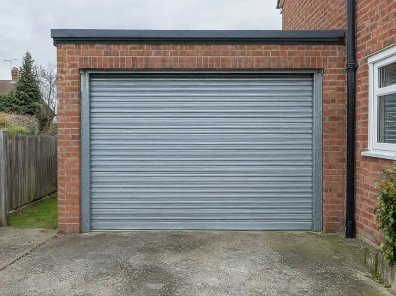 Galvanised steel roller garage door on a flat-roofed brick garage beside a house