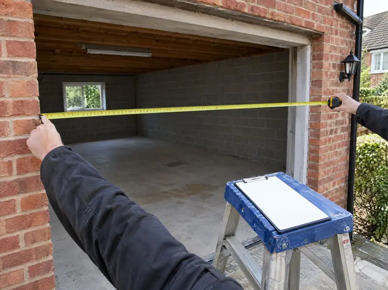 Surveyor measuring the width of an empty garage opening with a tape measure