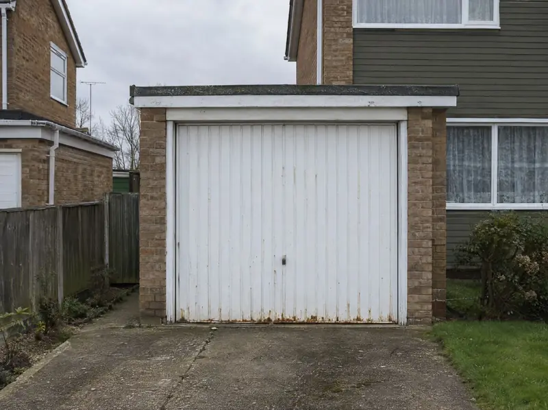 Old white steel up-and-over garage door with rust along the bottom edge