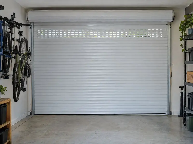 White roller garage door seen from inside with a band of perforated vision laths letting in daylight