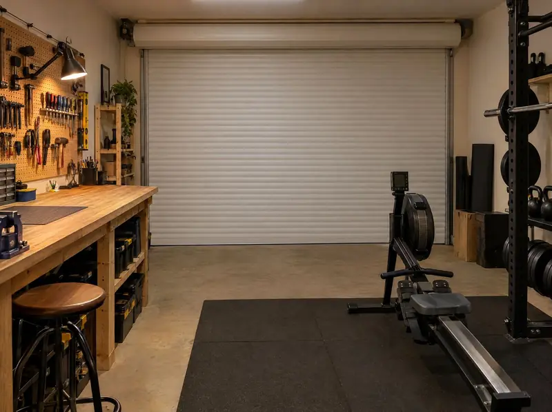 Garage set up as a workshop and home gym with a white roller door at the back